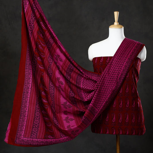 Maroon - 3pc Bagh Block Printed  Natural Dyed Cotton Suit Material Set 91