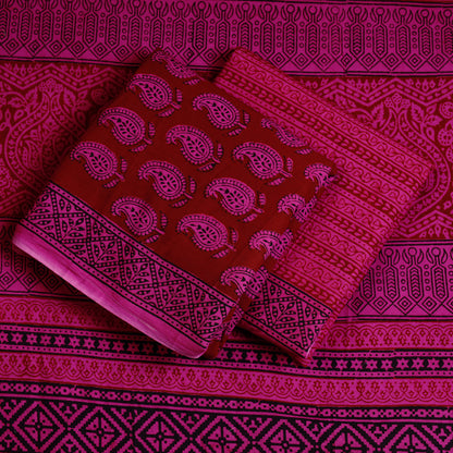Maroon - 3pc Bagh Block Printed  Natural Dyed Cotton Suit Material Set 75