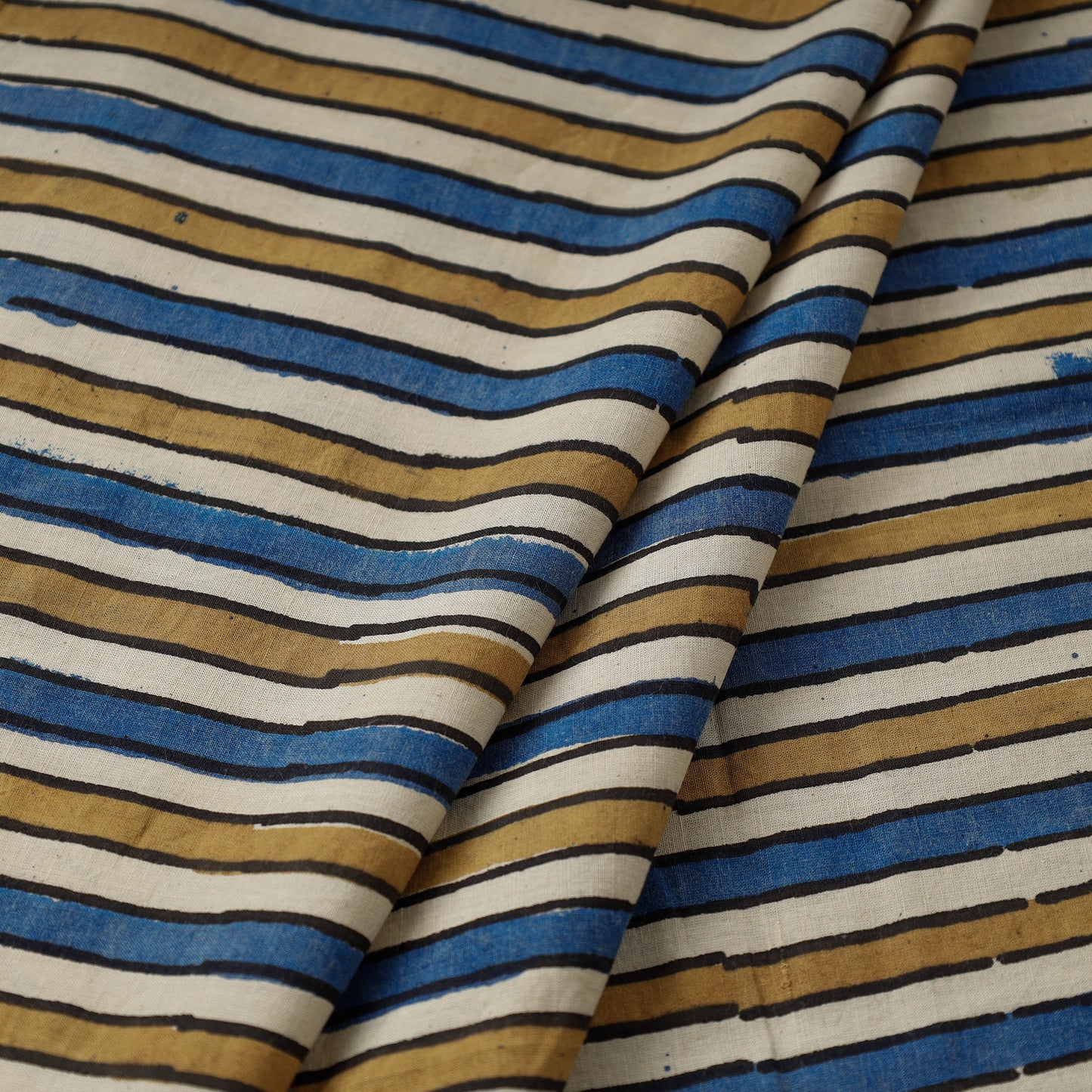 Multicolor - Yellow & Blue Striped Design Ajrakh Hand Block Printed Cotton Fabric