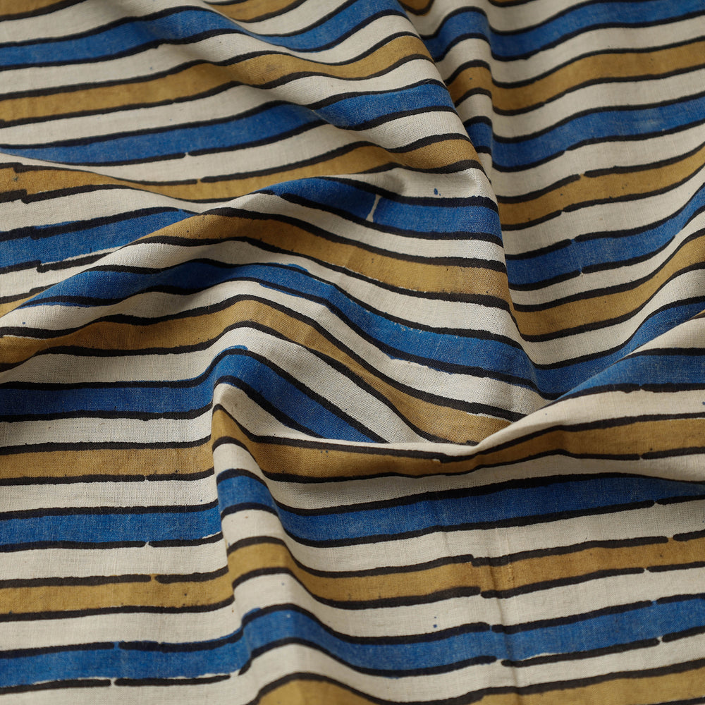 Multicolor - Yellow & Blue Striped Design Ajrakh Hand Block Printed Cotton Fabric