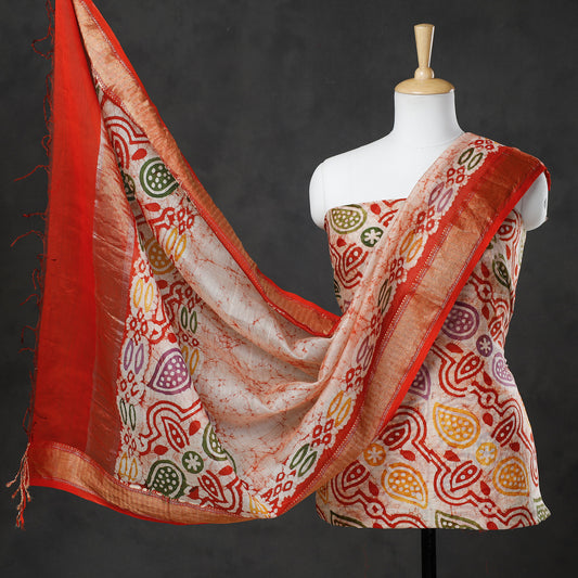 Multicolor - 2pc Hand Batik Printed Maheshwari Silk Handloom Suit Material Set