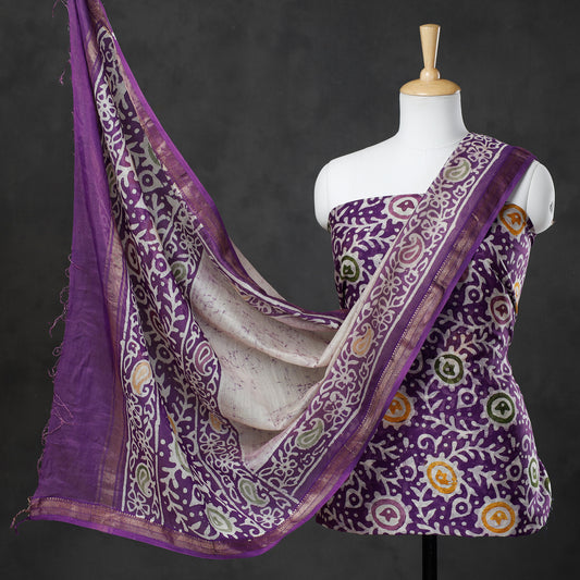 Purple - 2pc Hand Batik Printed Maheshwari Silk Handloom Suit Material Set