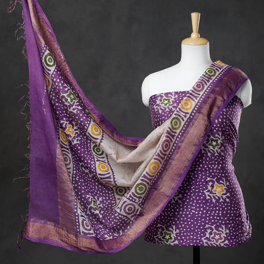 Purple - 2pc Hand Batik Printed Maheshwari Silk Handloom Suit Material Set