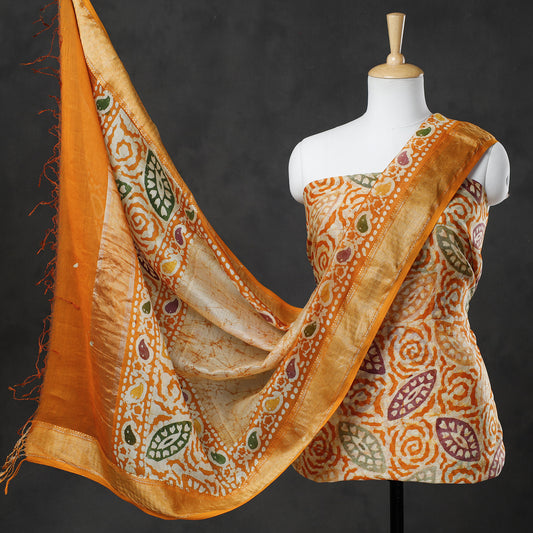 Yellow - 2pc Hand Batik Printed Maheshwari Silk Handloom Suit Material Set