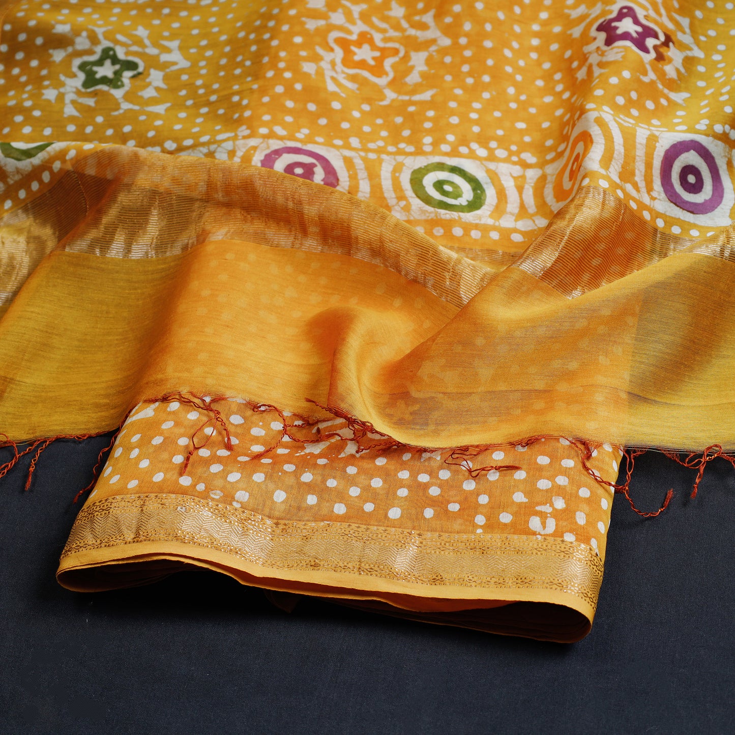 Yellow - 2pc Hand Batik Printed Maheshwari Silk Handloom Suit Material Set