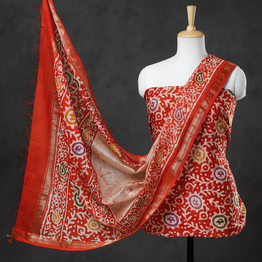 Orange - 2pc Hand Batik Printed Maheshwari Silk Handloom Suit Material Set