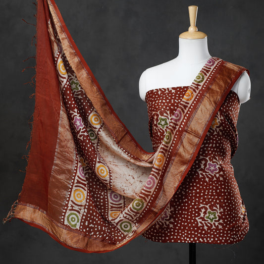 Brown - 2pc Hand Batik Printed Maheshwari Silk Handloom Suit Material Set