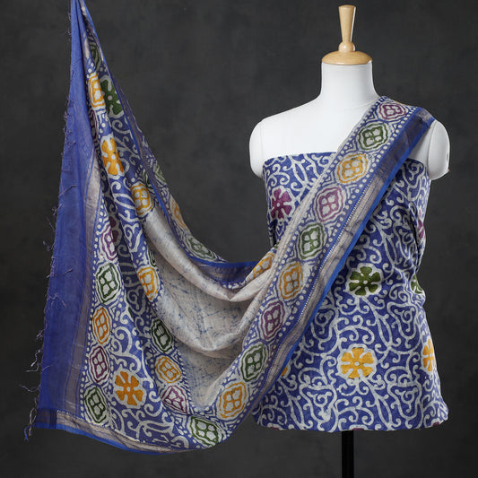 Blue - 2pc Hand Batik Printed Maheshwari Silk Handloom Suit Material Set