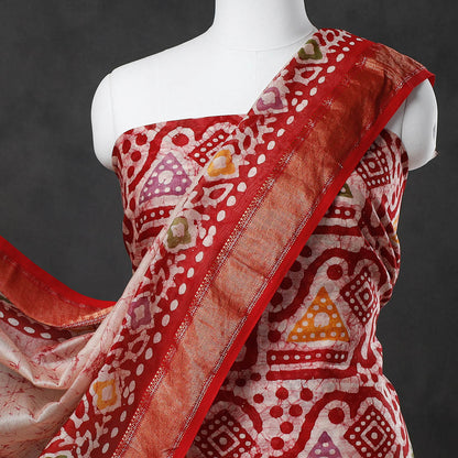 Red - 2pc Hand Batik Printed Maheshwari Silk Handloom Suit Material Set