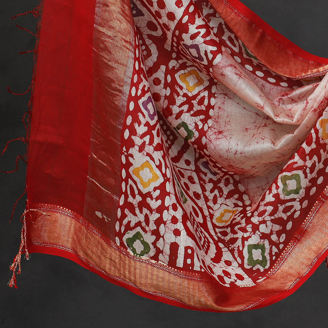 Red - 2pc Hand Batik Printed Maheshwari Silk Handloom Suit Material Set