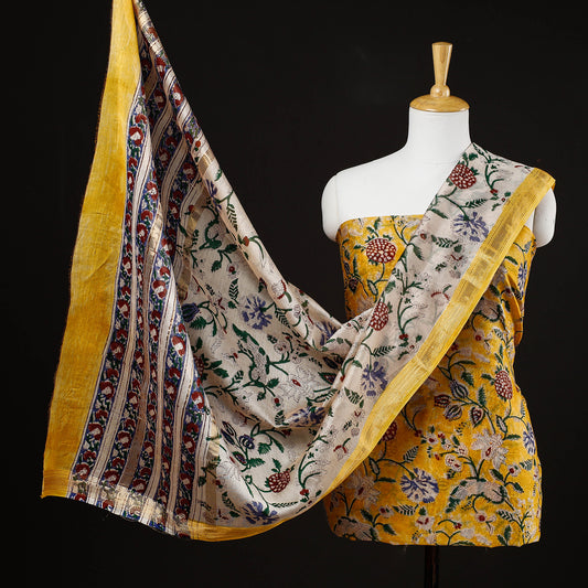 Yellow - 3pc Sanganeri Block Printed Maheshwari Silk Suit Material Set