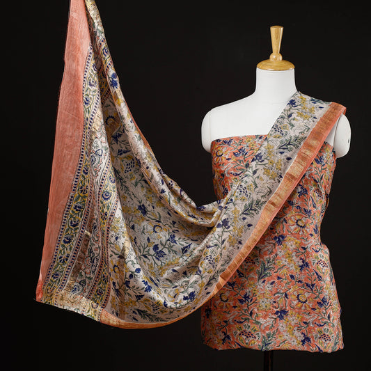 Orange - 3pc Sanganeri Block Printed Maheshwari Silk Suit Material Set