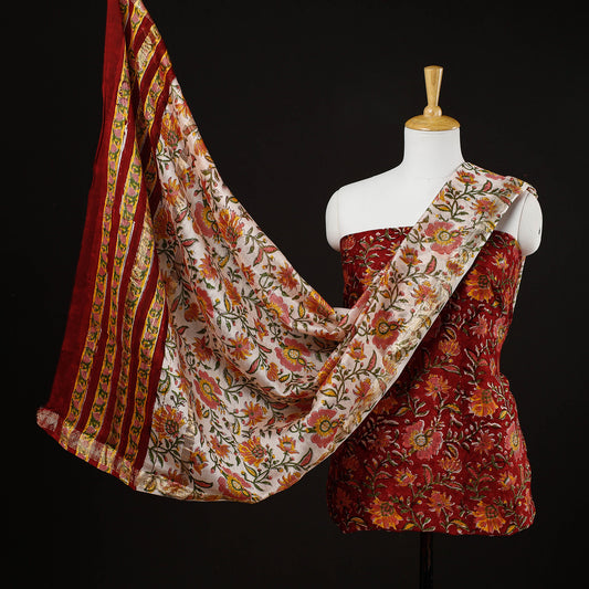 Red - 3pc Sanganeri Block Printed Maheshwari Silk Suit Material Set