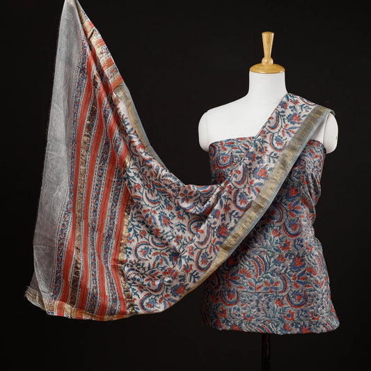 Grey - 3pc Sanganeri Block Printed Maheshwari Silk Suit Material Set