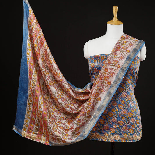 Blue - 3pc Sanganeri Block Printed Maheshwari Silk Suit Material Set