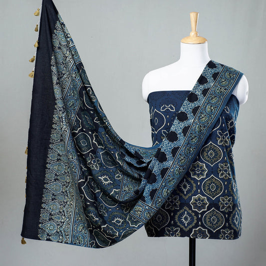 Blue - 2pc Ajrakh Block Printed Cotton Suit Material Set