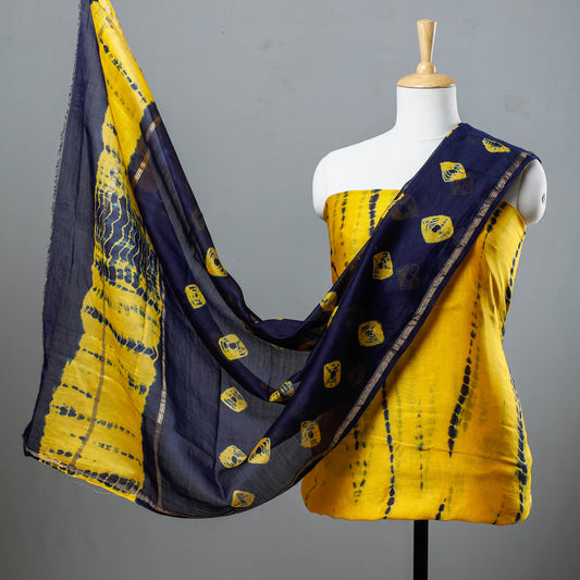 Yellow - 3pc Shibori Tie-Dye Chanderi Silk Suit Material Set