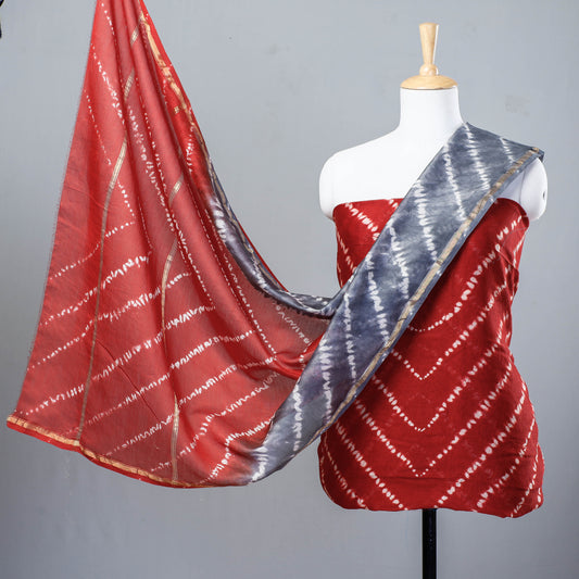 Red - 3pc Shibori Tie-Dye Chanderi Silk Suit Material Set