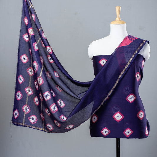 Blue - 3pc Shibori Tie-Dye Chanderi Silk Suit Material Set