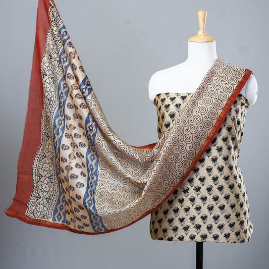 Beige - 3pc Bagru Block Printed Chanderi Silk Suit Material Set