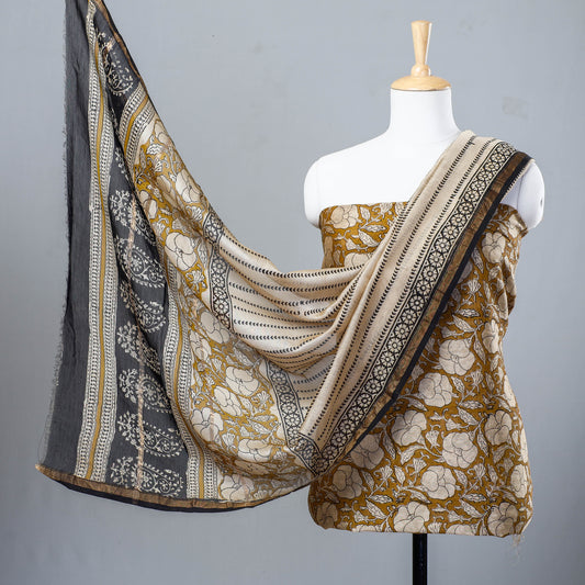 Brown - 3pc Bagru Block Printed Chanderi Silk Suit Material Set