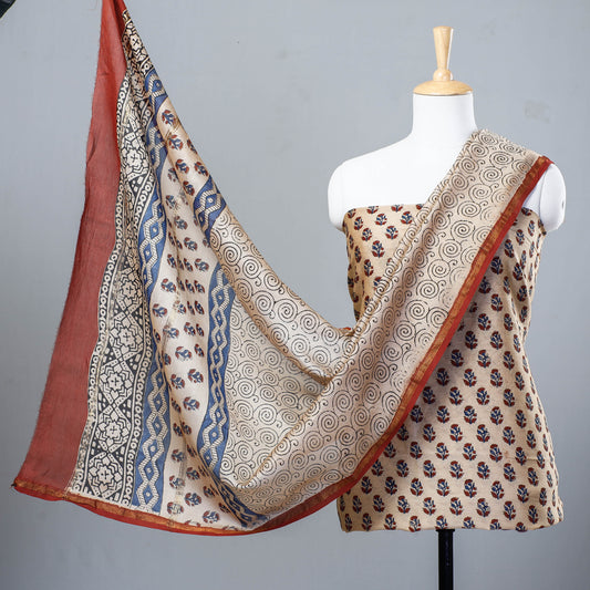 3pc Bagru Block Printed Chanderi Silk Suit Material Set