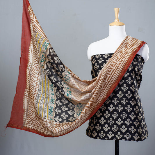 Black - 3pc Bagru Block Printed Chanderi Silk Suit Material Set