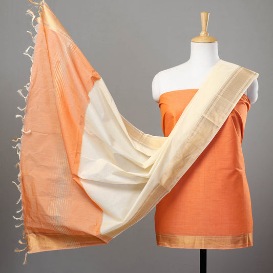 Orange - 3pc Mangalagiri Cotton Suit Material Set with Zari Border