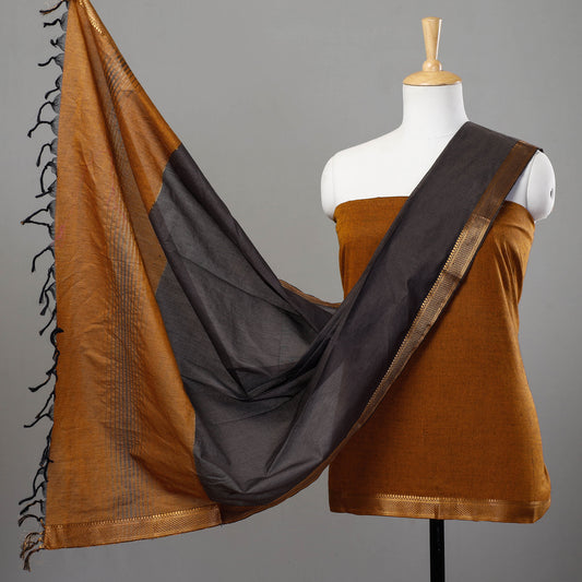 Brown - 3pc Mangalagiri Cotton Suit Material Set with Zari Border