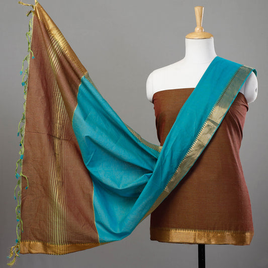 Brown - 3pc Mangalagiri Cotton Suit Material Set with Zari Border