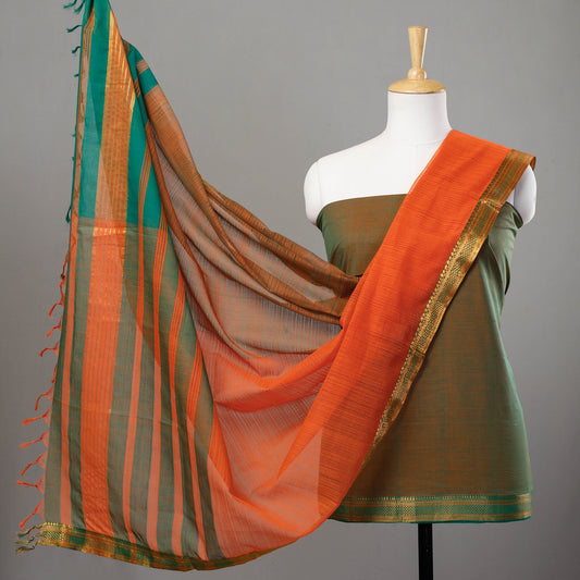 Green - 3pc Mangalagiri Handloom Cotton Suit Material Set with Zari Border