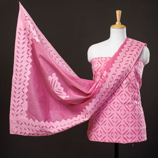 Pink - 3pc Barmer Applique Cut Work Cotton Suit Material Set