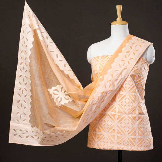 Orange - 3pc Barmer Applique Cut Work Cotton Suit Material Set