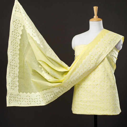 Yellow - 3pc Barmer Applique Cut Work Cotton Suit Material Set