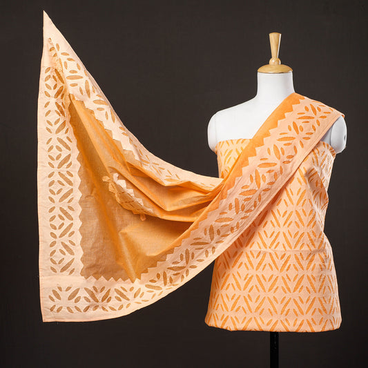 Orange - 3pc Barmer Applique Cut Work Cotton Suit Material Set