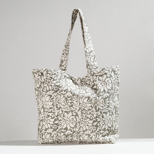 Grey - Hand Block Printed Canvas Cotton Shoulder Bag