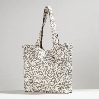 Grey - Hand Block Printed Canvas Cotton Shoulder Bag