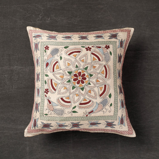 Beige - Center Lotus with Peacock - Kantha Embroidery Handloom Tussar Silk Cushion Cover (16 x 16 in)