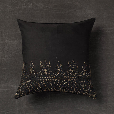 Black - Lotus Border - Kantha Embroidery Handloom Cotton Cushion Cover (16 x 16 in)