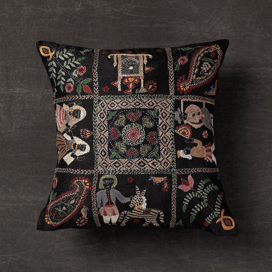 Black - Sahib Bibi Aur Ghulam - Kantha Embroidery Handloom Silk Cushion Cover (16 x 16 in)