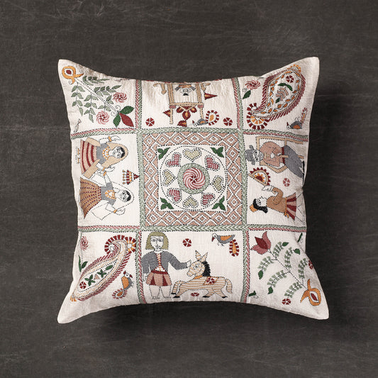 White - Sahib Bibi Aur Ghulam - Kantha Embroidery Handloom Silk Cushion Cover - designs (16 x 16 in)