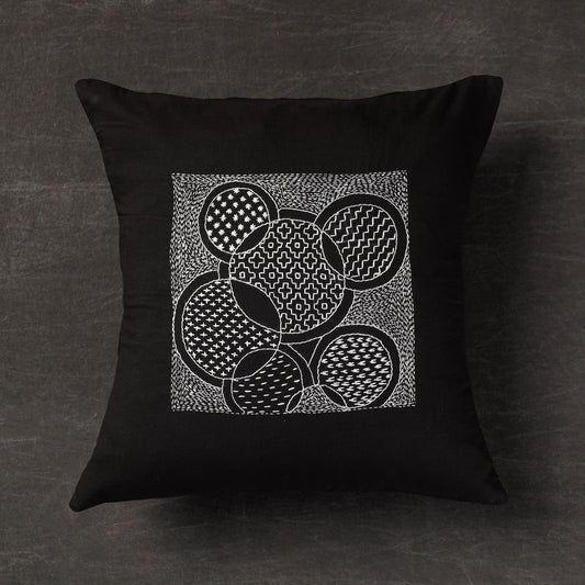 Black - Sashiko - Kantha Embroidery Handloom Cotton Cushion Cover -  (16 x 16 in)