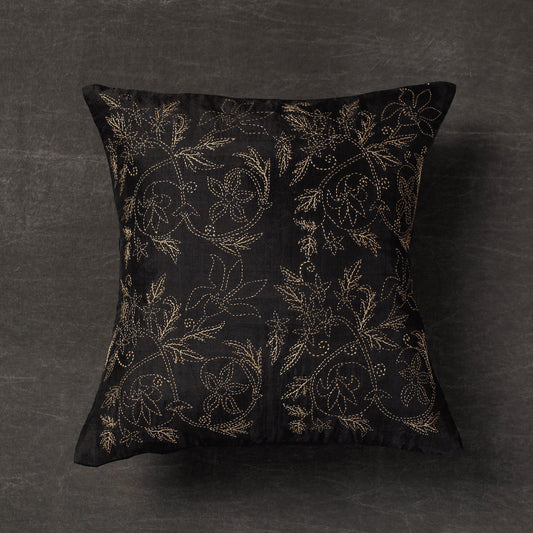 Black - Chintz Jaal - Kantha Embroidery Handloom Tussar Silk Cushion Cover (16 x 16 in)