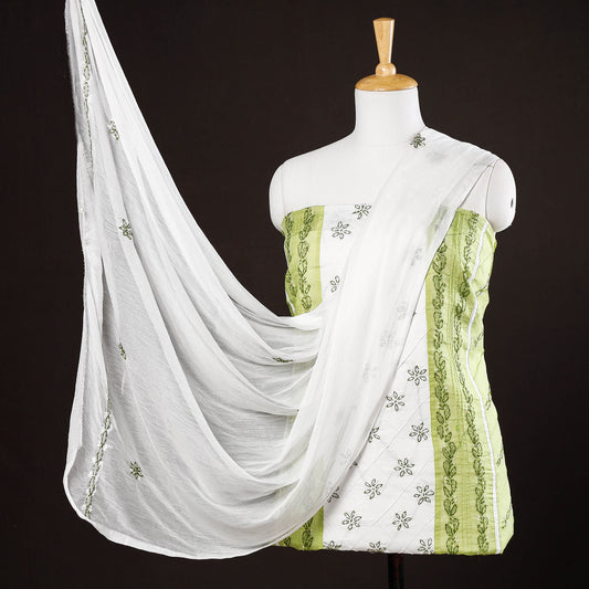 Green - 3pc Lucknow Chikankari Hand Embroidery Cotton Suit Material Set