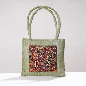 Green Handpainted Kalamkari Ghicha Silk Hand Bag