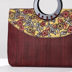 Maroon Handpainted Kalamkari Ghicha Silk Hand Bag
