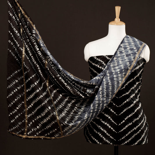 Black - 3pc Black Miura Shibori Tie-Dye Chanderi Silk Suit Material Set