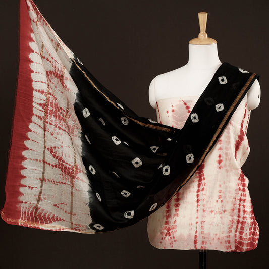 Red - 3pc White Kumo Shibori Tie-Dye Chanderi Silk Suit Material Set