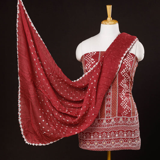 Red - 3pc Kutch Bandhani Tie-Dye Satin Cotton Suit Material Set