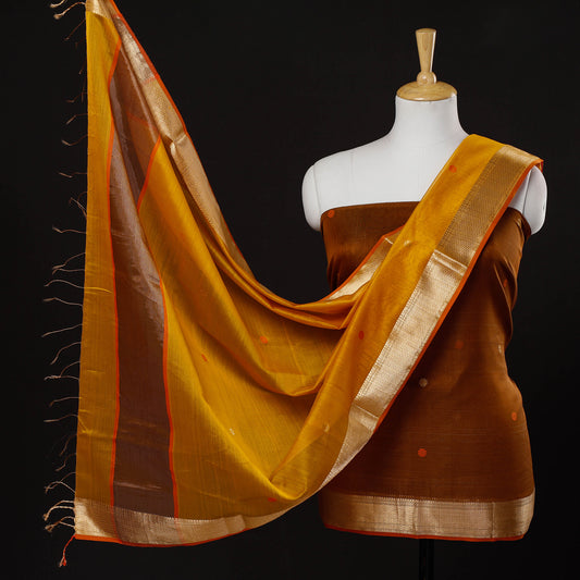 Brown - 2pc Maheshwari Silk Cotton Zari & Thread Work Handloom Suit Material Set